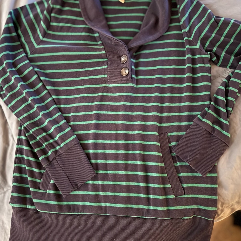 Women’s Banana Republic Green and Navy Striped Cowl Sweatshirt Sweater L